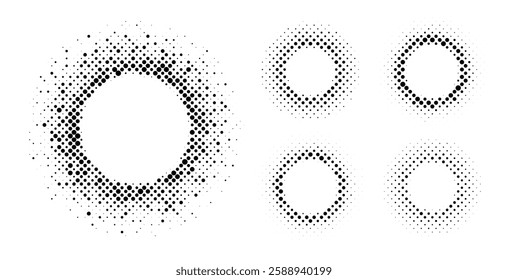 Set of halftone textures featuring circular dot patterns on a white background, each with varying densities and arrangements. The minimal design highlights texture diversity, contrast, and form.