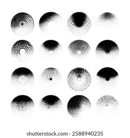 Set of halftone textures featuring circular dot patterns on a white background, each with varying densities and arrangements. The minimal design highlights texture diversity, contrast, and form.