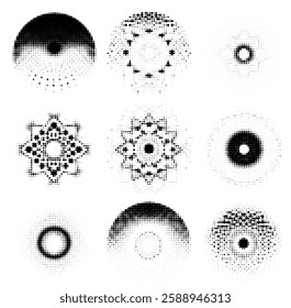 Set of halftone textures featuring circular dot patterns on a white background, each with varying densities and arrangements. 