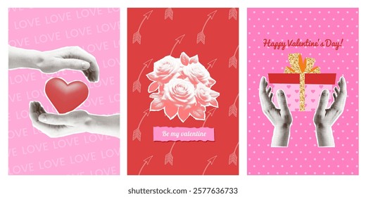 Set of halftone vertical posters for Valentine's Day. Paper cut hands holding heart and gift box. Romance Rose bouquet. Love text, polka dots and arrow pattern on pink and red backgrounds. Vector