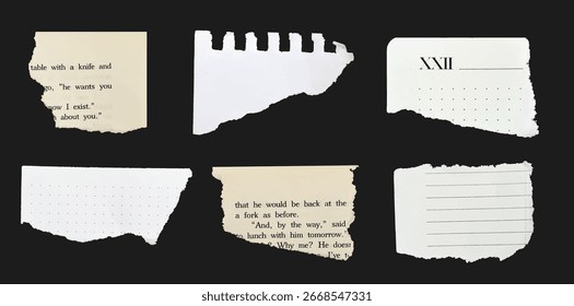 Conjunto de piezas de papel de cuaderno rasgadas de textura de papel vintage de medio tono. Tiras de papel rasgadas. Hojas realistas del cuaderno, pedazos de página del cuaderno, con los bordes rasgados. Plantilla de diseño de Vector 