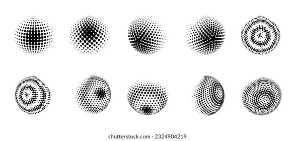 Set of halftone volumetric spheres. Collection of 3d spheres. Halftone design elements. Vector illustration.