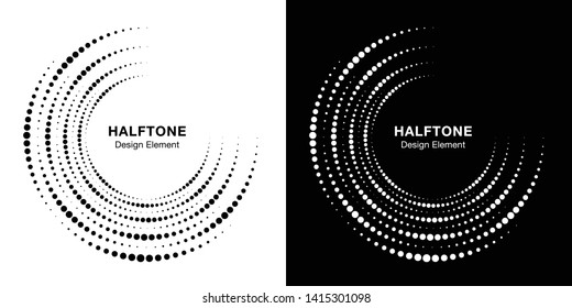 Set of Halftone vortex circle frame dots logo isolated on background. Circular swirl design element for treatment, technology. Incomplete round border Icon using halftone circle dots texture. Vector