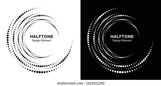 Set of Halftone vortex circle frame dots logo isolated on background. Circular swirl design element for treatment, technology. Incomplete round border Icon using halftone circle dots texture. Vector