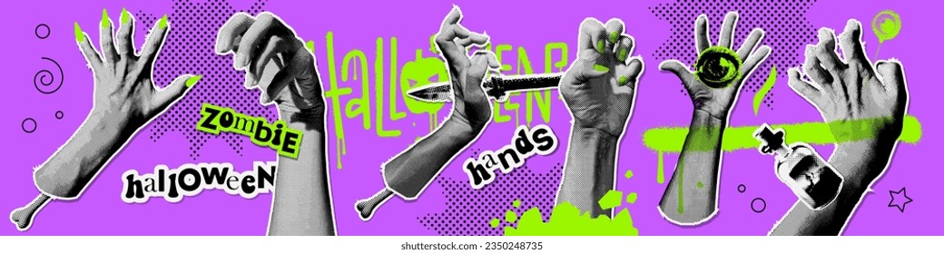 Set of halftone zombie hands. Scary zombie arms with retro halftone dotted effect for decoration of Halloween celebrations. Collection of paper torn out collage elements. Vector graffiti elements.