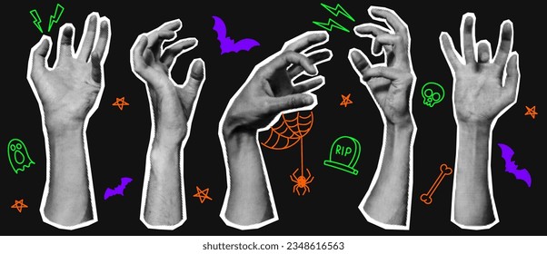 Set of halftone zombie hands. Vector illustration with curve zombie hands with halftone effects for decoration of Halloween events. Collection of collage elements. Doodle elements.