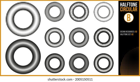 Set of halftones in a circular shape with different patterns such as lines, concentric lines, points, squares, Useful as a design resource in projects where you want to give a vintage touch.