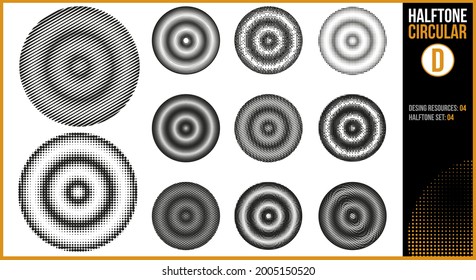 Set of halftones in a circular shape with different patterns such as lines, concentric lines, points, squares, .Useful as a design resource in projects where you want to give a vintage touch.