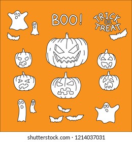 A set of hallloween doodle illustration: cartoon pumpkins, bats and ghosts