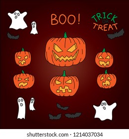 A set of hallloween doodle illustration: cartoon pumpkins, bats and ghosts