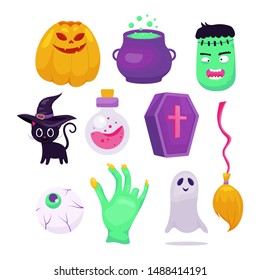 Set of halloweeen stickers, badges, scrapbooking elements, party. Cute Smiling and funny cartoon characters: pumpkin, ghost, cat, zombie