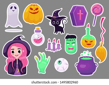 Set of halloweeen stickers, badges, scrapbooking elements, party. Cute Smiling and funny cartoon characters: witch, pumpkin, ghost, cat, zombie, pot, candy, grave, ghost
