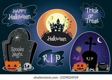 Set of halloweeen stickers, badges, scrapbooking elements. Happy halloween set. Halloween party. Pumpkin, skull, tombstone, Dracula's castle