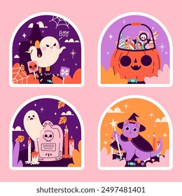 Set of Halloweeen stickers. Happy Halloween greeting card with black cat, pumpkin, skull, candles, ghost. Holiday for kids. Vector illustration in flat style.