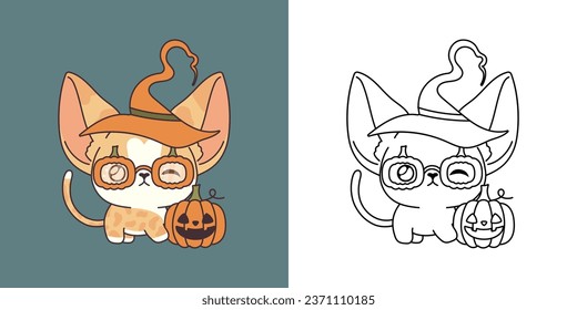 Set Halloween Abyssinian Cat Multicolored and Black and White. Kawaii Clip Art Halloween Kitten. Cute Vector Illustration of Halloween Kawaii Animal in Witch Costume. 