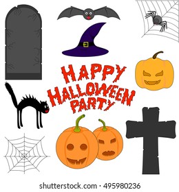 Set of Halloween accessories. Jack-o-Lantern, a gravestone, cross, web, spider, black cat, bat, pumpkin, hat.