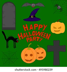 Set of Halloween accessories. Jack-o-Lantern, a gravestone, cross, web, spider, black cat, bat, pumpkin, hat.