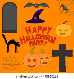 Set of Halloween accessories. Jack-o-Lantern, a gravestone, cross, web, spider, black cat, bat, pumpkin, hat.