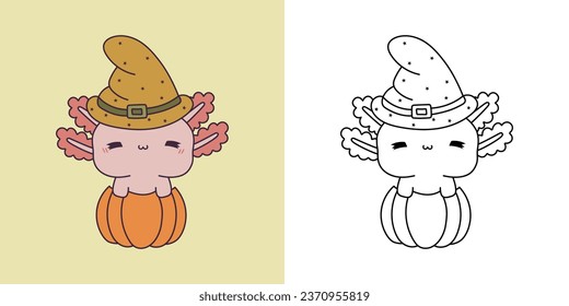 Set Halloween Axolotl Multicolored and Black and White. Kawaii Clip Art Halloween Salamander. Cute Vector Illustration of a Kawaii Halloween Amphibian Animal Inside a Pumpkin. 