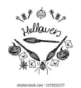 Set for Halloween, background with bats, spider, pumpkin and broom. vector illustration