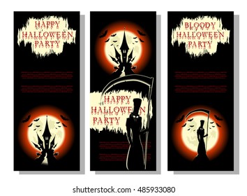 Set of Halloween background or flyer: death with scary scythe, bats, castle and bloody title in cartoon style. Concept design for banner, poster, invitation or ticket on party. Vector illustration