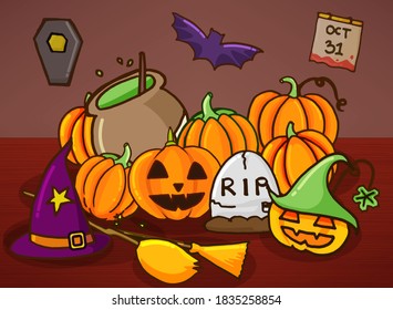 set of halloween background, hand drawn vector. jack o lantern pumpkin, gravestone, magic broom adn cauldron, witch hat, bat, coffin and bat. doodle halloween for poster, greeting, wallpaper, banner.