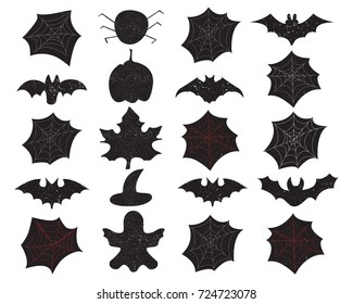 Set of Halloween background overlays label on textured slhouettes ghost, web, bat, spider, witch hat, pumpkin and leaf. Modern brush calligraphy hand drawn lettering.