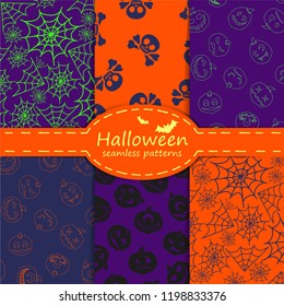 Set of halloween backgrounds. 6 different seamless patterns in orange and purple colors. Texture can be used for wallpaper, background, web page. Vector illustration.