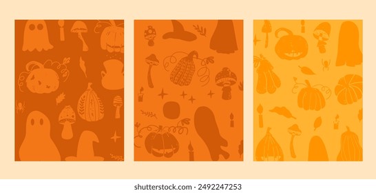 Set of Halloween backgrounds. All Hallows' Eve covers for cards. Vertical templates with doodle holiday textures. Vector flat illustration.