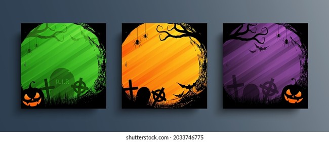 Set of Halloween backgrounds with black circle brush strokes and traditional holiday spooky symbols for your Halloween creative graphic design. Vector illustration.