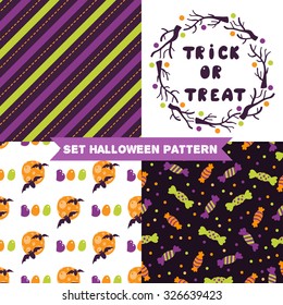 Set of halloween backgrounds and cards. Collection of seamless patterns in the traditional holiday colors. Vector illustration