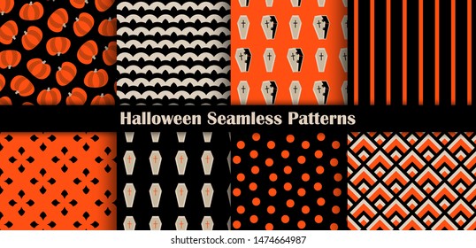 Set of halloween backgrounds. Collection of seamless patterns with pumpkins, coffins, monsters and abstract backdrops. Vector illustration. Flat catroon design. 