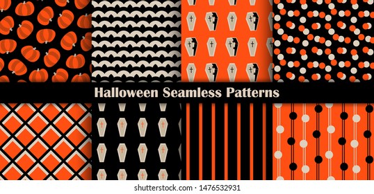 Set of halloween backgrounds. Collection of seamless patterns with pumpkins, coffins, monsters and abstract backdrops. Vector illustration. Flat catroon design. 