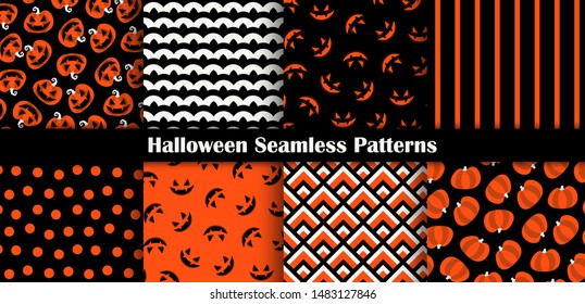 Set of halloween backgrounds. Collection of seamless patterns with pumpkins and abstract backdrops. Vector illustration. Flat catroon design. 