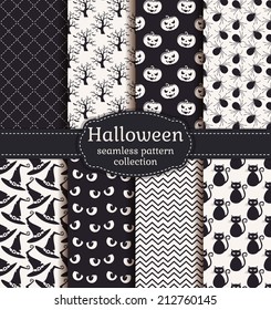 Set of halloween backgrounds. Collection of seamless patterns in black and white colors. Vector illustration.