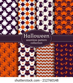 Set of halloween backgrounds. Collection of seamless patterns in the traditional holiday colors. Vector illustration.