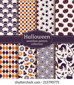 Set of halloween backgrounds. Collection of seamless patterns in white, orange and purple colors. Vector illustration.