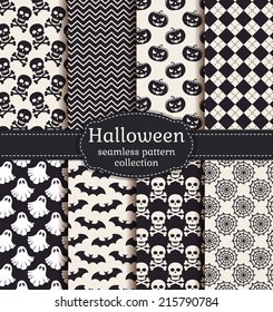 Set Of Halloween Backgrounds. Collection Of Seamless Patterns In Black And White Colors. Vector Illustration.