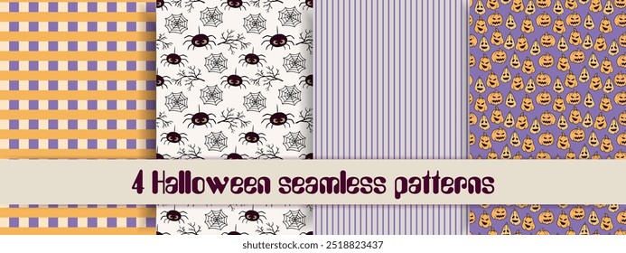 Set of halloween backgrounds. Collection of seamless patterns in white, orange and purple colors. Vector illustration.