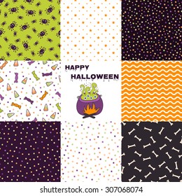 Set of halloween backgrounds. Collection of seamless patterns in the traditional holiday colors. Vector illustration