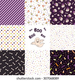 Set of halloween backgrounds. Collection of seamless patterns in the traditional holiday colors. Vector illustration