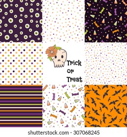 Set of halloween backgrounds. Collection of seamless patterns in the traditional holiday colors. Vector illustration