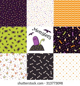 Set of halloween backgrounds. Collection of seamless patterns in the traditional holiday colors. Vector illustration