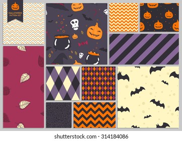 Set of halloween backgrounds. Collection of seamless patterns in bright colors. Vector illustration.