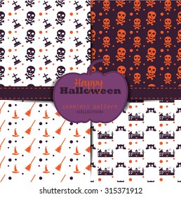 Set of halloween backgrounds. Collection of seamless patterns in the traditional holiday colors. Vector illustration.