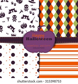 Set of halloween backgrounds. Collection of seamless patterns in the traditional holiday colors. Vector illustration.