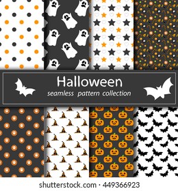 Set of Halloween backgrounds. Collection of seamless patterns in traditional colors of the holiday. Vector illustration. Stoke. Pumpkin. Sweets. Ghost.Grey, orange, white, black color.