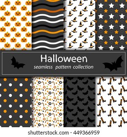 Set of Halloween backgrounds. Collection of seamless patterns in traditional colors of the holiday. Vector illustration. Stoke. Pumpkin. Sweets. Ghost.Grey, orange, white, black color.