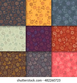 Set of halloween backgrounds. Collection of seamless patterns in the traditional holiday colors. Vector illustration.
