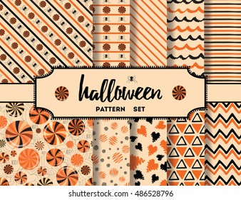 Set of halloween backgrounds. Collection of seamless patterns in the traditional holiday colors orange and black. Vector fabric or textile design.